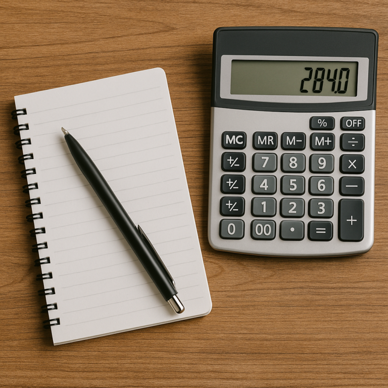 Manual cleaning estimate tools including a notepad, pen, and calculator on a wooden desk
