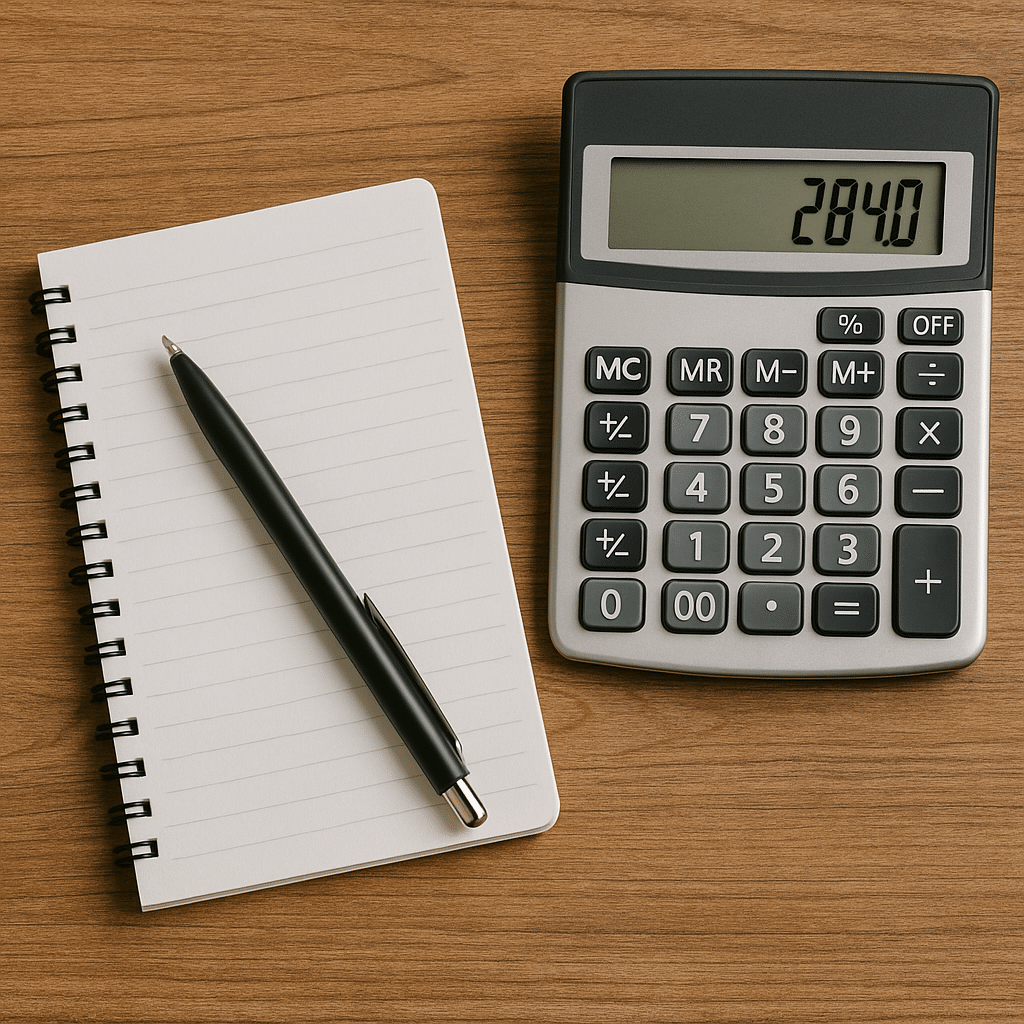 Manual cleaning estimate tools including a notepad, pen, and calculator on a wooden desk