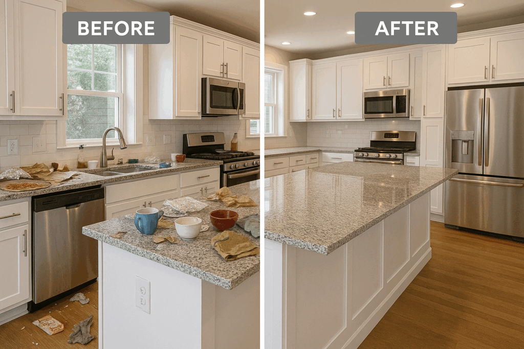 Side-by-side comparison of a messy kitchen and a professionally cleaned, spotless kitchen.