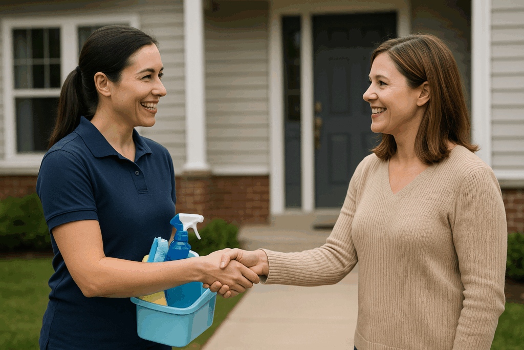 Cleaning business owner talking with homeowner outside suburban house
