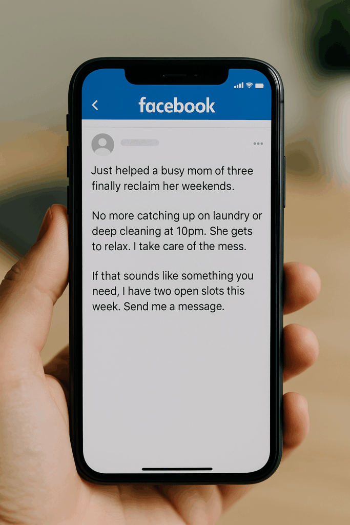 Phone screen showing simple Facebook post from a cleaning professional
