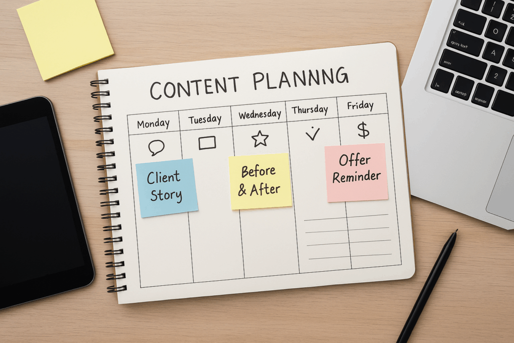  Flat lay photo of a desk with notebook showing content schedule and sticky notes