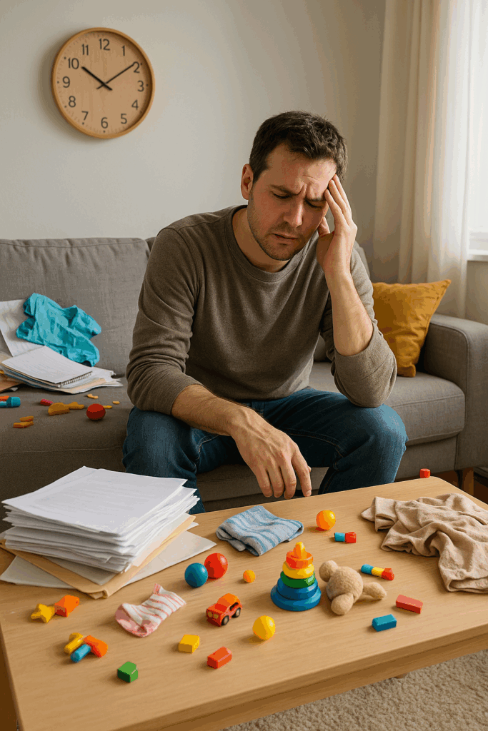 Worried man sitting on a couch surrounded by toys, laundry, and paperwork, glancing at a wall clock, symbolizing stress before hiring a cleaning service.