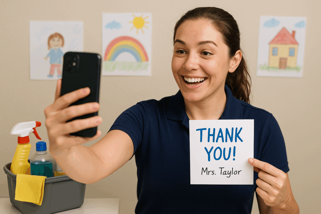 Female cleaning professional smiling and taking a selfie while holding a thank-you card from a teacher, with cleaning supplies and kids’ artwork in the background.