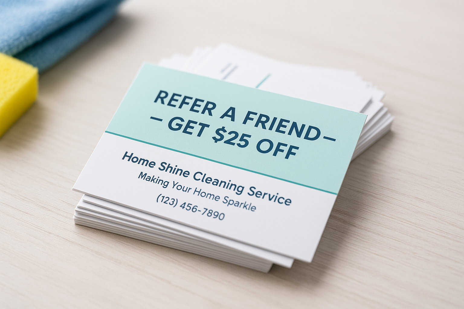 Stack of cleaning business cards with a clear referral offer on top, arranged on a table next to cleaning supplies