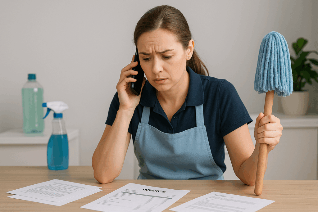 Female professional cleaner wearing a blue apron looking stressed while talking on the phone, surrounded by invoices and cleaning supplies, illustrating challenges with cheap clients in the cleaning business