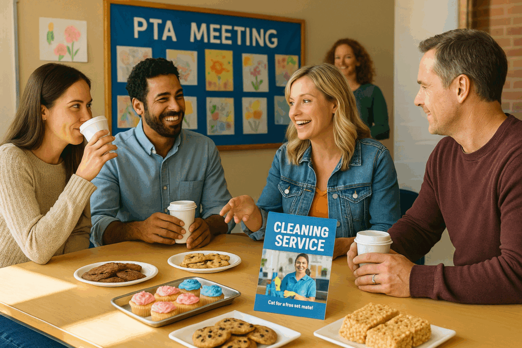 Group of parents smiling and chatting at a school PTA meeting with baked goods and a cleaning service flyer on the table