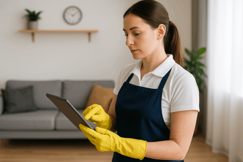 Professional female cleaner in yellow gloves using a tablet device in a modern living room, representing flat-rate pricing and digital systems for cleaning businesses