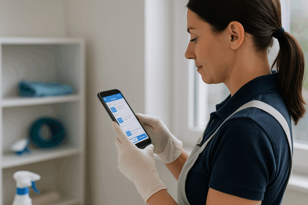 Female cleaning professional wearing gloves and a navy apron looking at a smartphone showing a cleaning schedule, symbolizing premium systems and technology in modern cleaning businesses