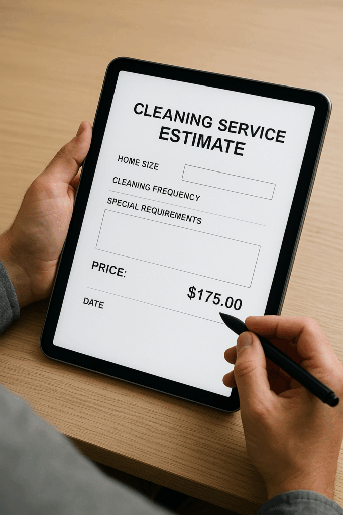 Tablet screen displaying a detailed cleaning service estimate form