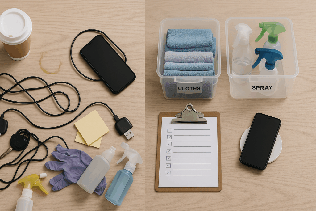 Split image showing a messy workstation with cables and bottles on the left and an organized setup with labeled bins, checklist, and phone on charger on the right.