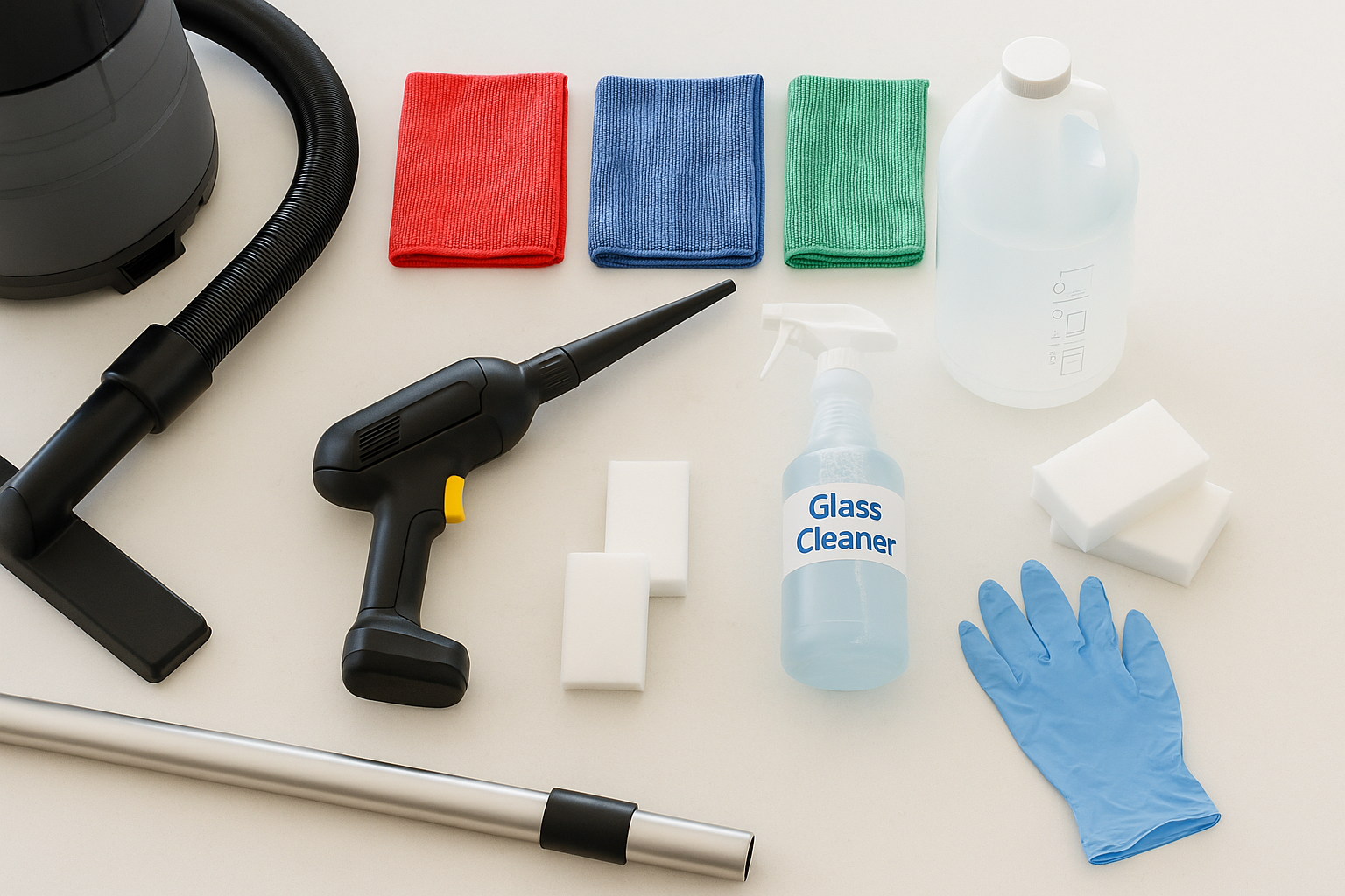 Flat lay of pro cleaning tools: HEPA vacuum hose, microfiber cloths, electric duster, glass cleaner, and sponges.