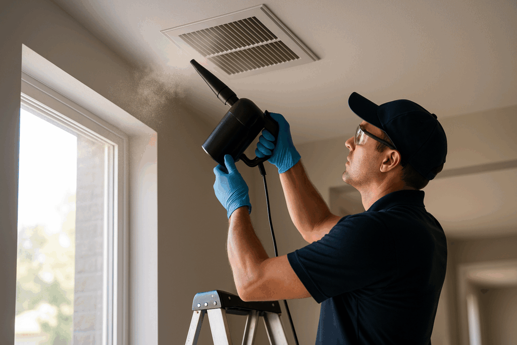 Professional using a handheld electric duster to clear dust from a ceiling air vent.