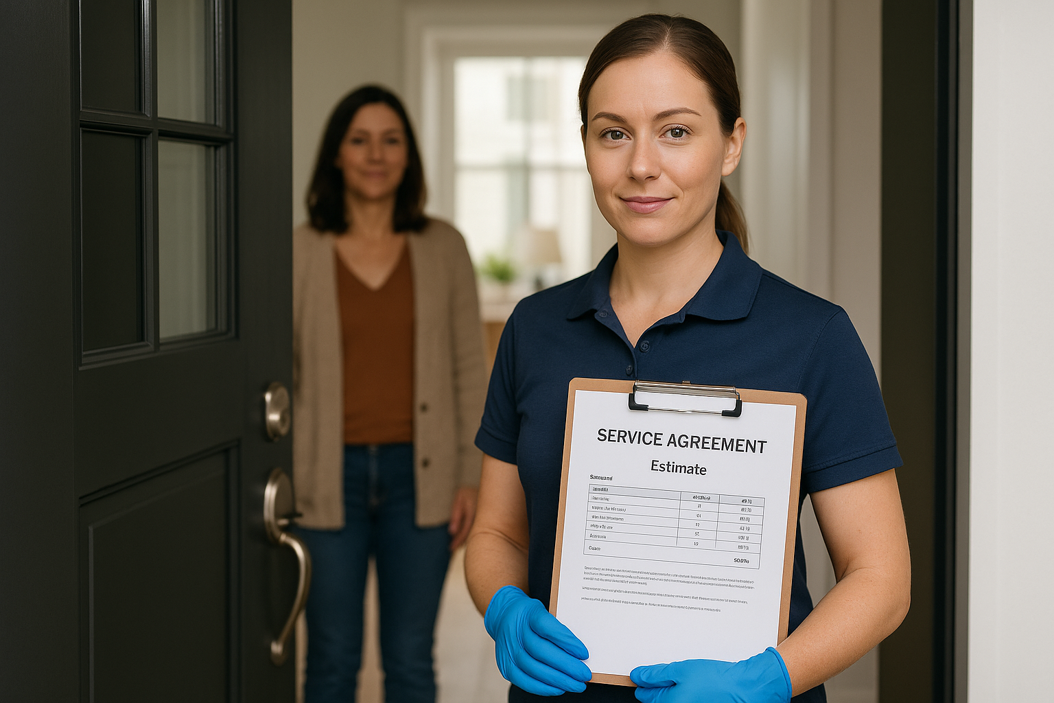 Professional cleaner at a client doorway holding a clipboard with a service agreement and estimate, highlighting clear policies and expectations.