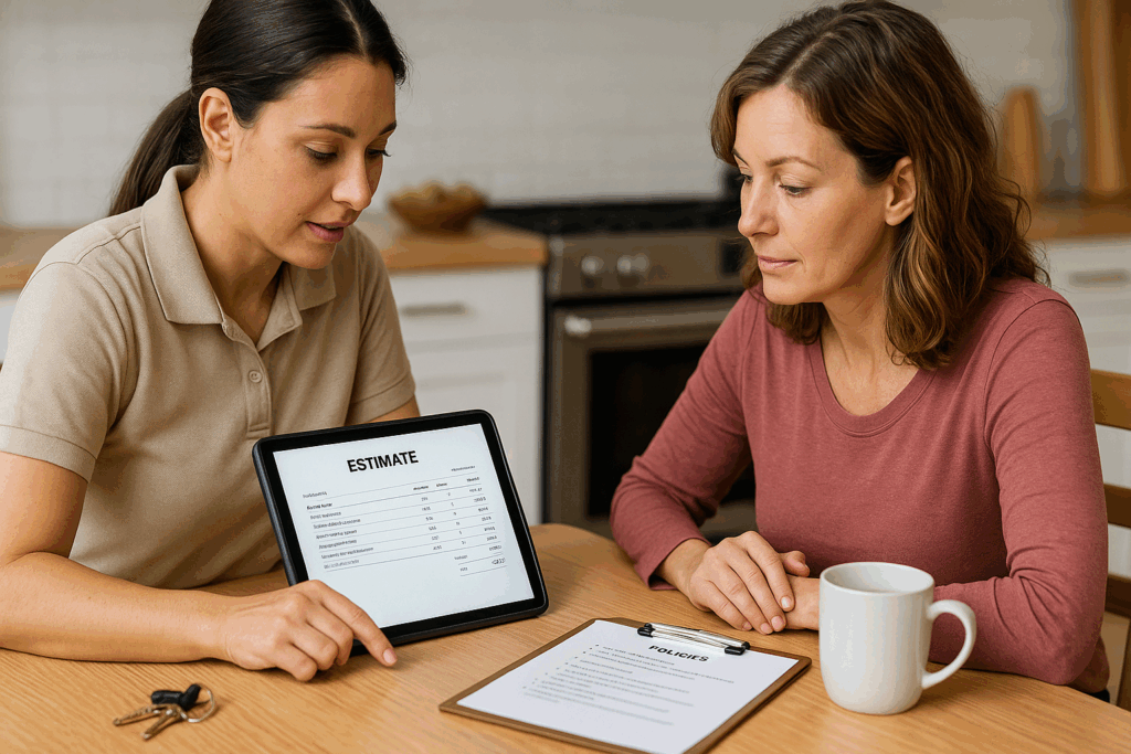 Cleaner and homeowner at a kitchen table reviewing an itemized cleaning estimate on a tablet with a policies clipboard visible.