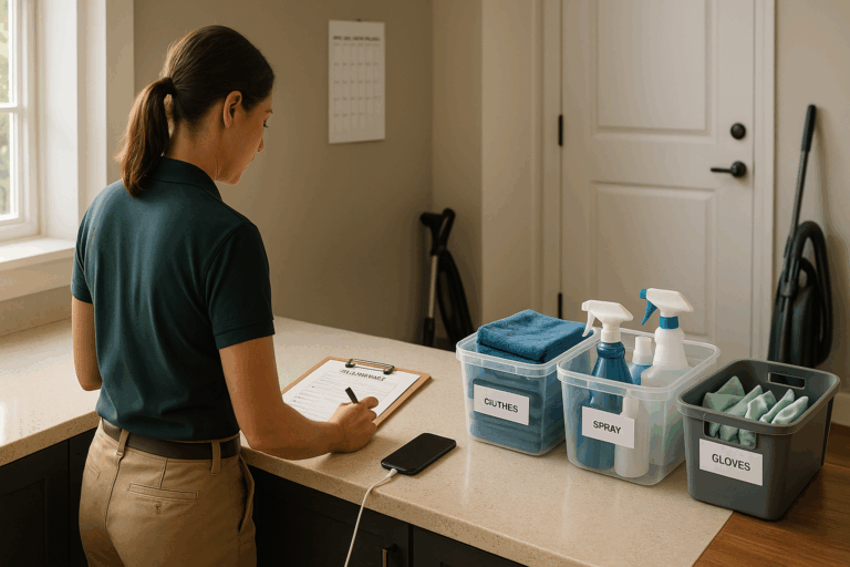 Cleaning business owner reviews daily schedule at a counter with staged, labeled supplies and a phone charging in morning light.