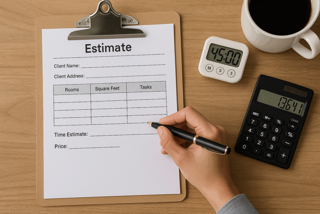 Hand writing a standardized cleaning estimate on a clipboard beside a calculator, digital timer, and coffee on a tidy wooden desk.