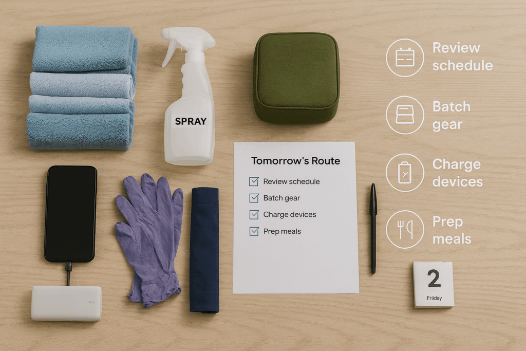 Flat lay of microfiber cloths, spray bottle, gloves, lunch box, and a “Tomorrow’s Route” checklist with a phone charging and the date marked.