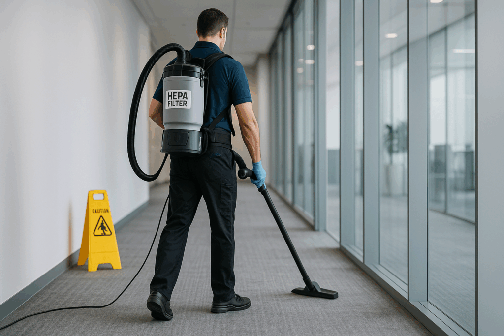 Cleaner using a HEPA backpack vacuum on commercial carpet to improve air quality and efficiency.