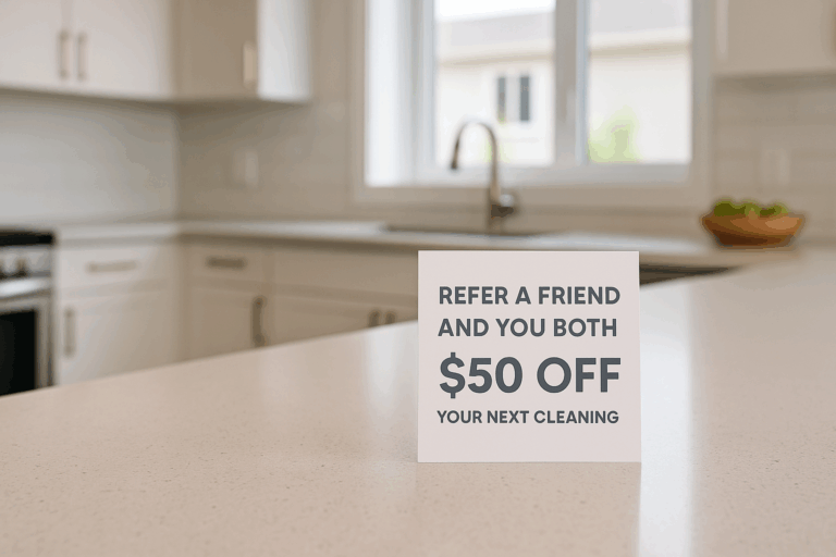 A referral promotion card offering $50 off sits on a clean white kitchen countertop with sunlight in the background.