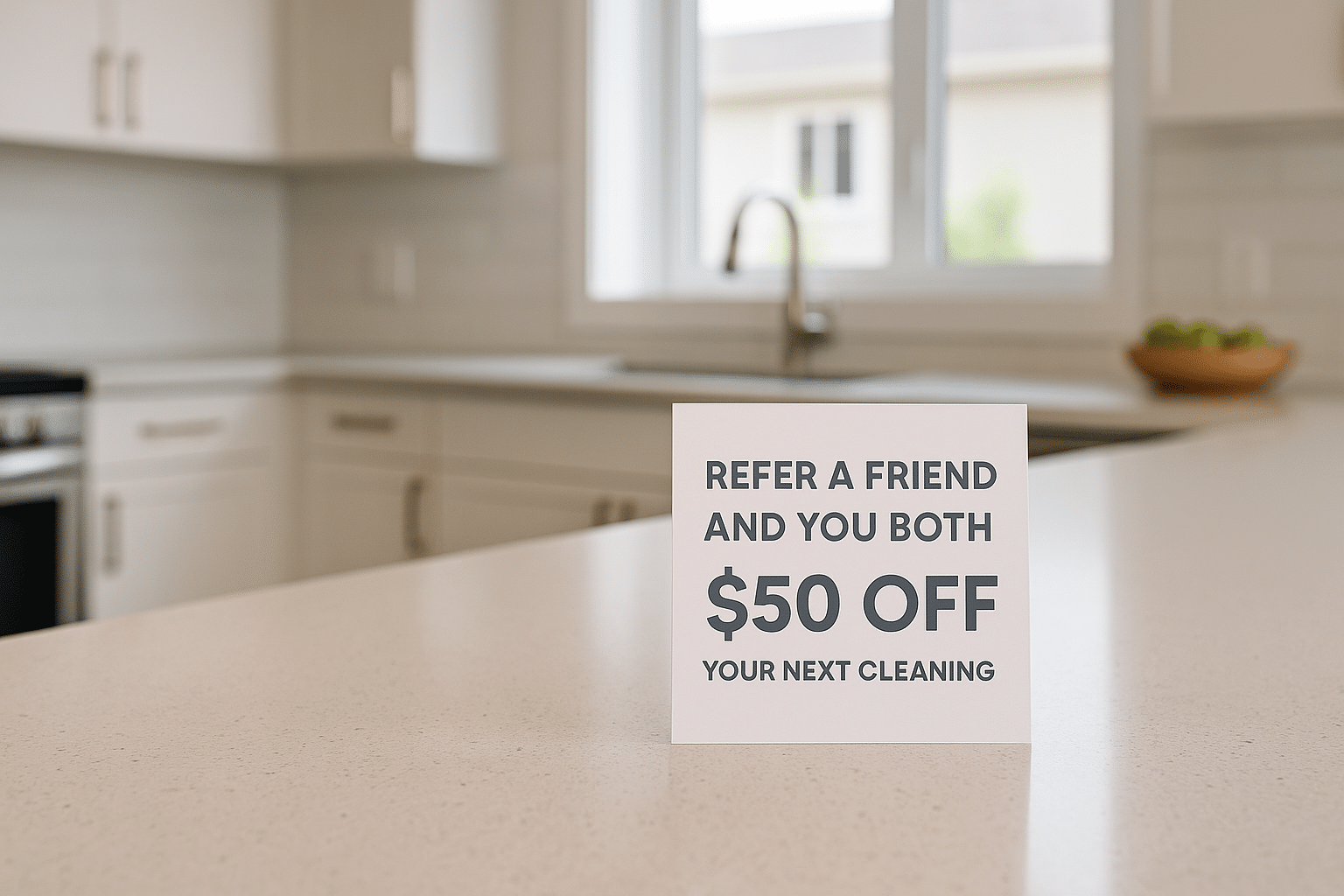 A referral promotion card offering $50 off sits on a clean white kitchen countertop with sunlight in the background.
