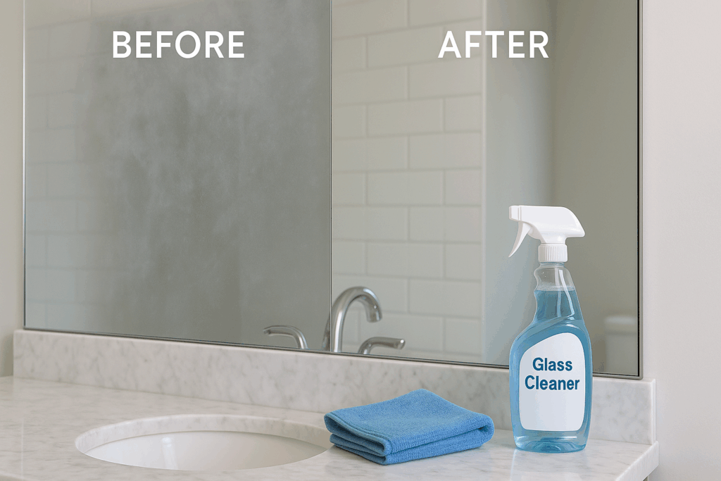 Split bathroom mirror showing streaky ‘before’ versus crystal-clear ‘after,’ with microfiber cloth and glass cleaner.