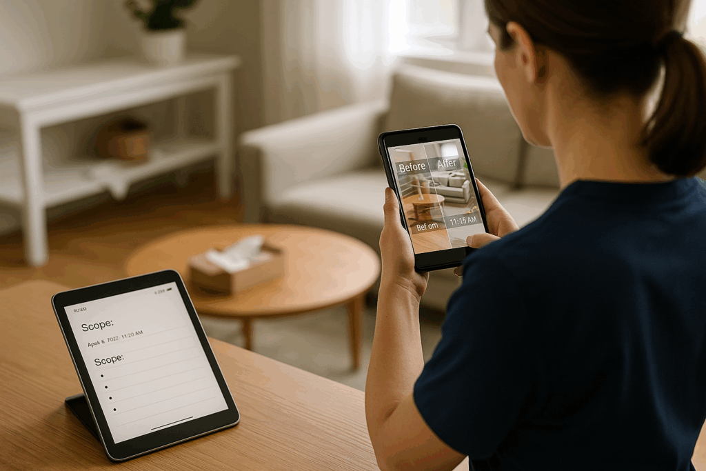 Cleaner photographing a living room before and after while a tablet shows scope notes, illustrating thorough documentation and protection.