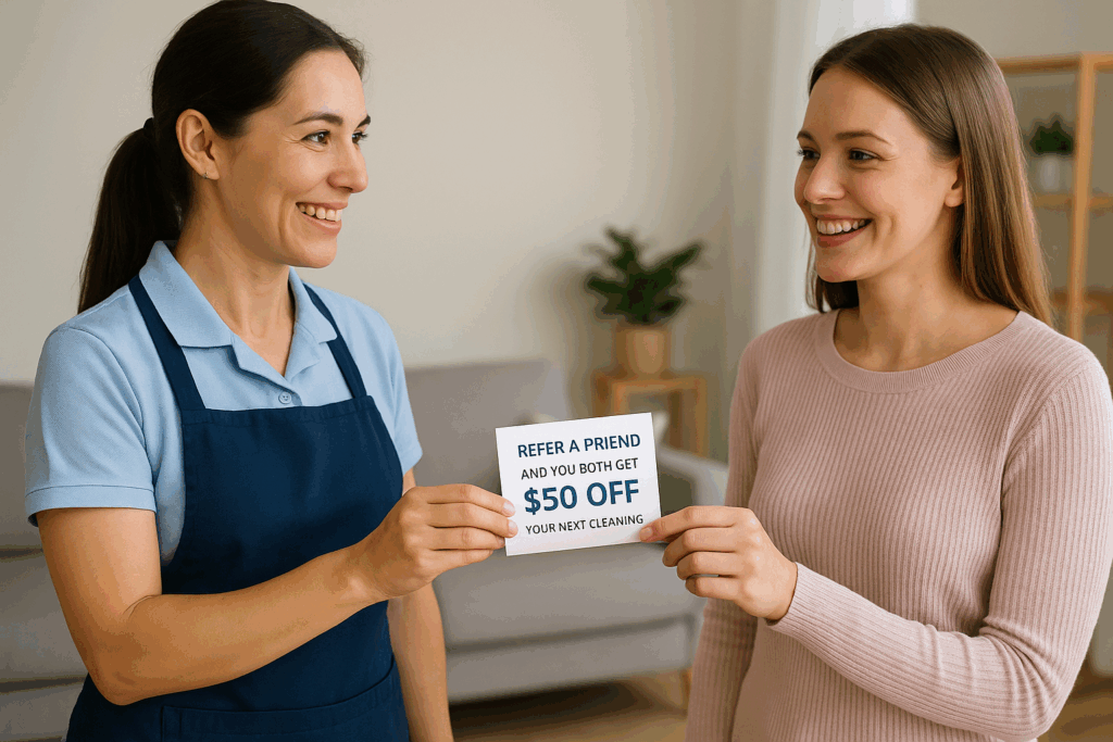 A professional house cleaner hands a referral card offering $50 off to a smiling client in a modern living room.

