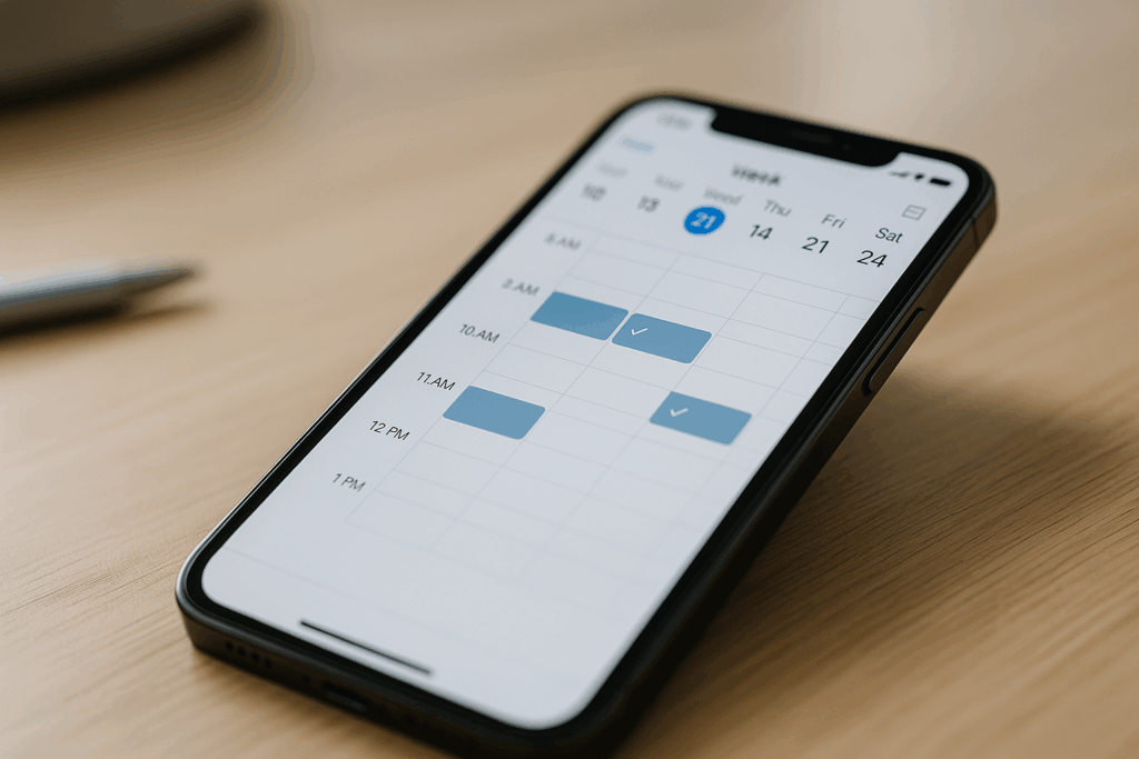 Smartphone on a wooden desk showing a weekly calendar with confirmed time blocks.