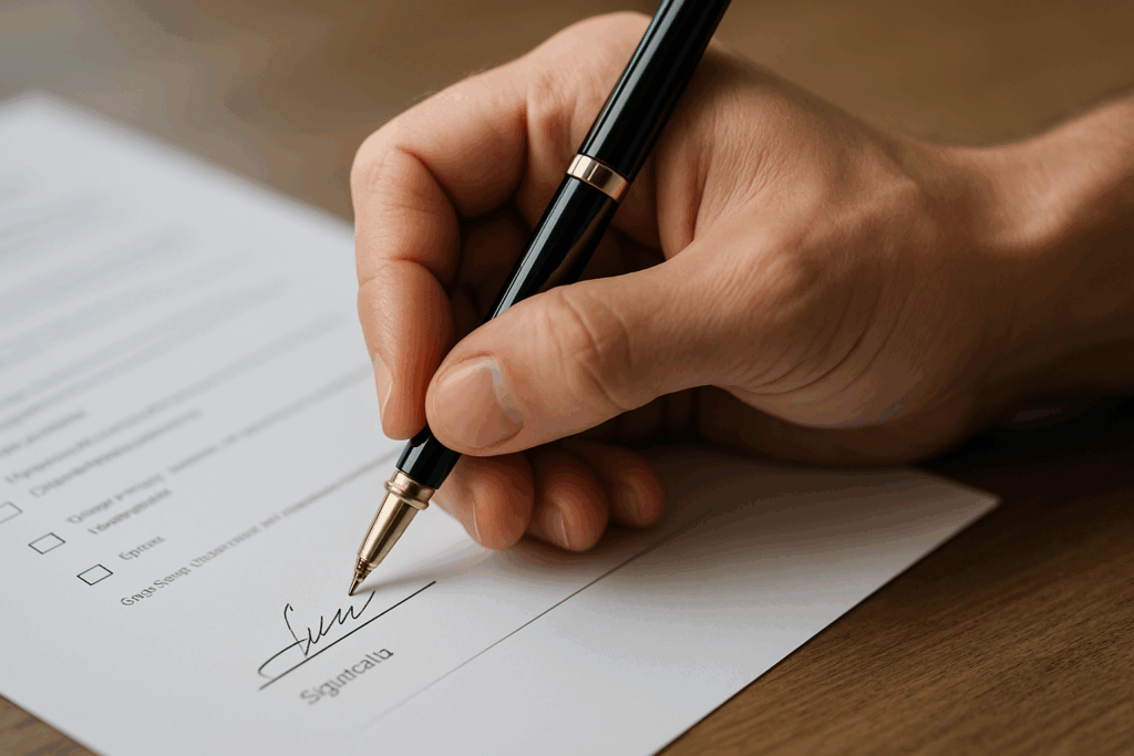 Close-up of a hand signing a service agreement with a black and gold pen.