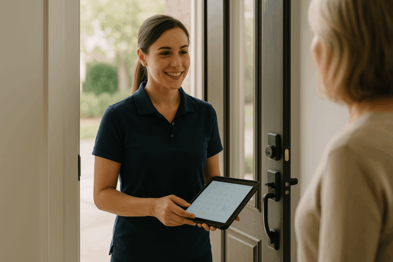 Professional house cleaner at a front door holding a tablet calendar while confirming an appointment with a homeowner.