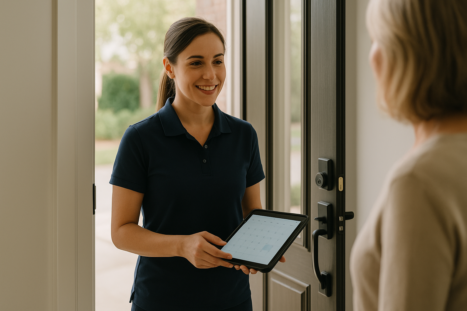 Professional house cleaner at a front door holding a tablet calendar while confirming an appointment with a homeowner.