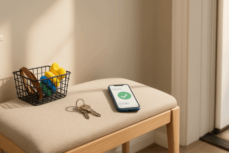 Entryway prep kit with phone confirmation before the first clean.”