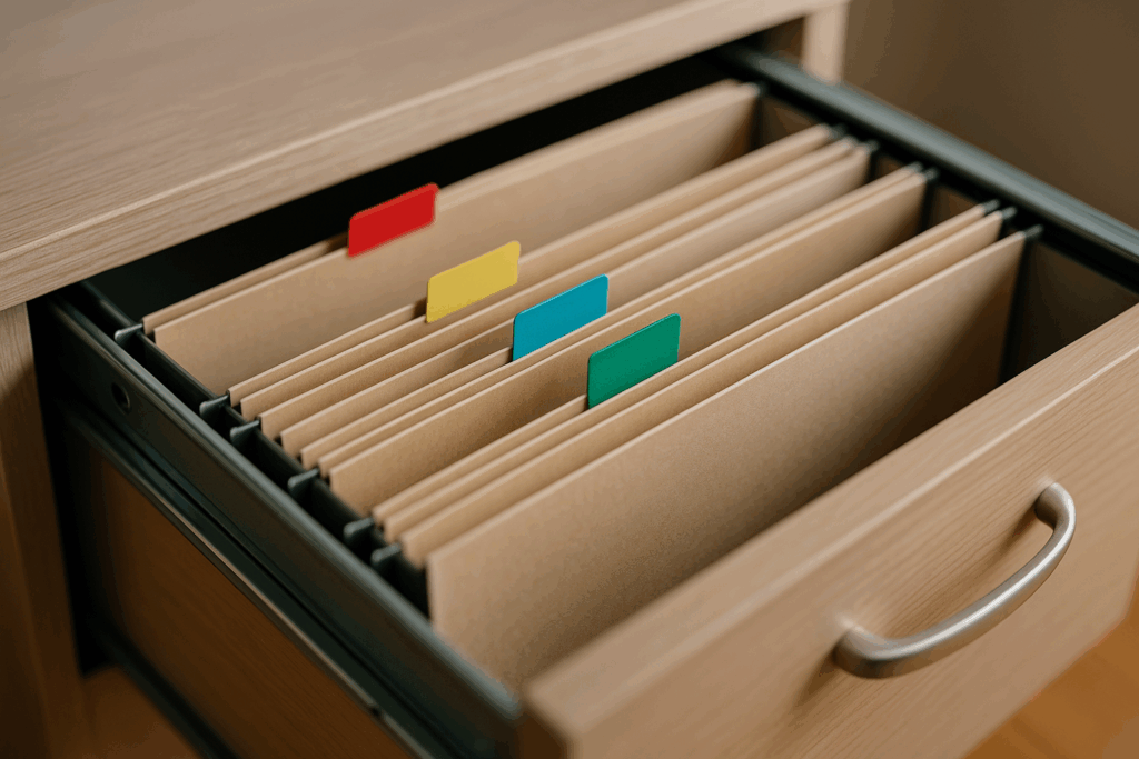 Open file drawer with beige hanging folders and colored tabs, representing organized client records.