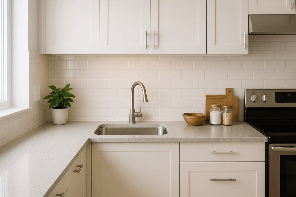 Modern kitchen counter and sink cleared of clutter, prepared for cleaning