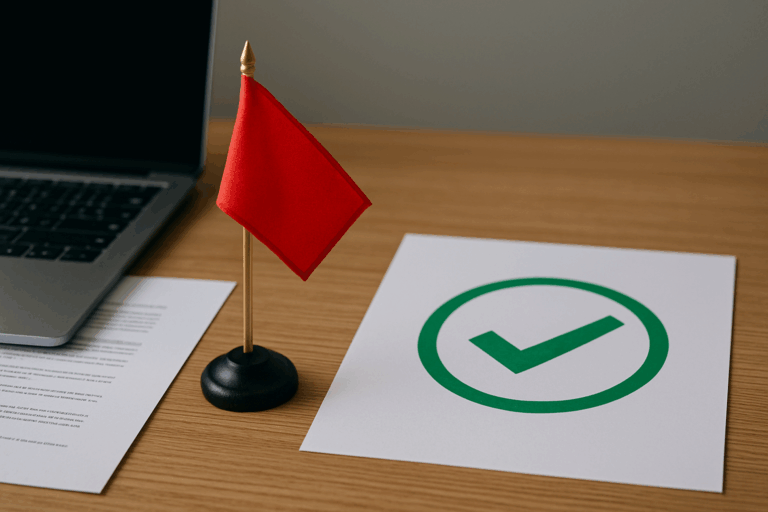 A red flag on a desk beside a green check mark on paper, illustrating the difference between bad hires and strong candidates in cleaning business recruitment.