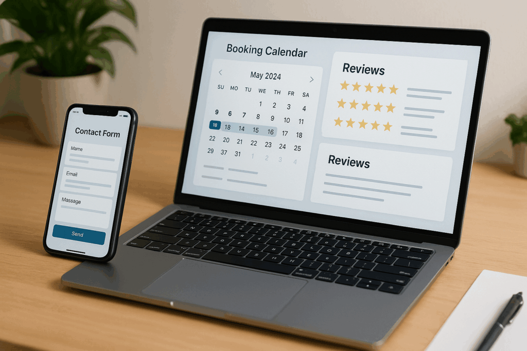 Laptop and phone with booking calendar, star reviews, and contact form illustrating automated marketing systems