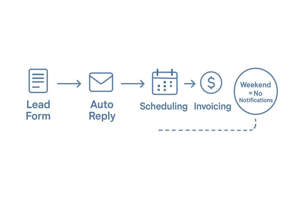 Flowchart: Lead form to auto reply to scheduling to invoicing with note that weekends send no notifications.