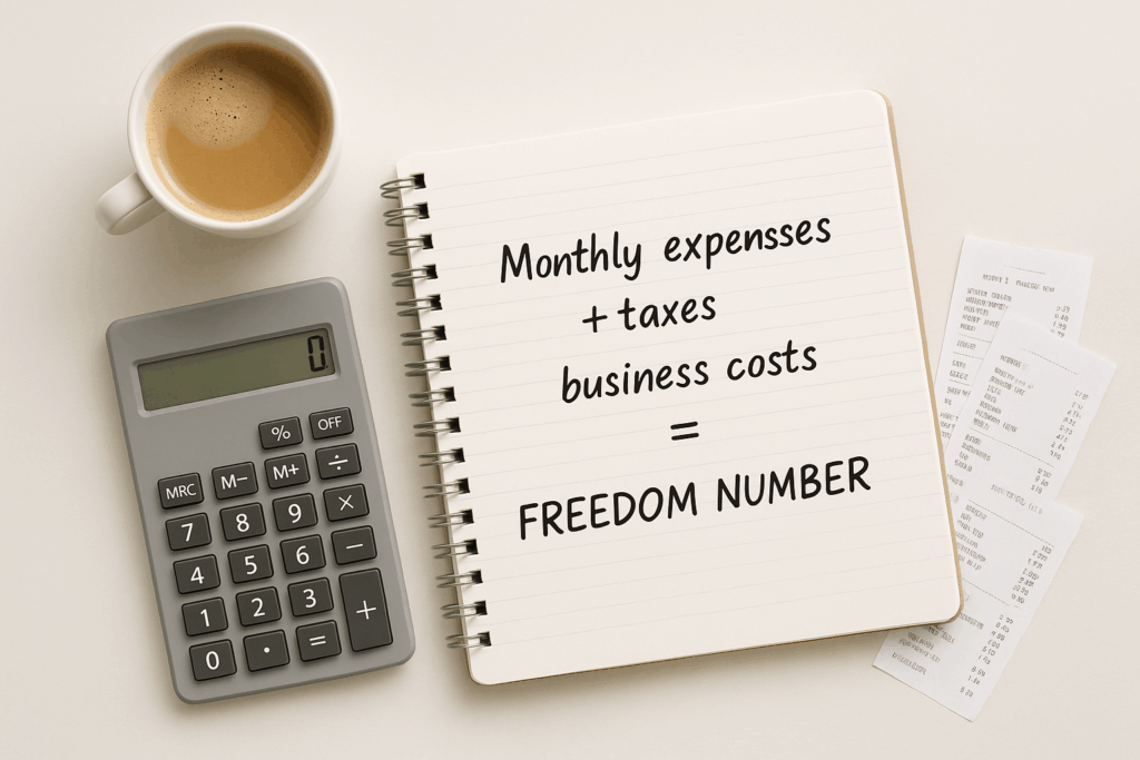 Flat-lay of notebook showing “expenses + taxes + business costs = Freedom Number” beside calculator and coffee