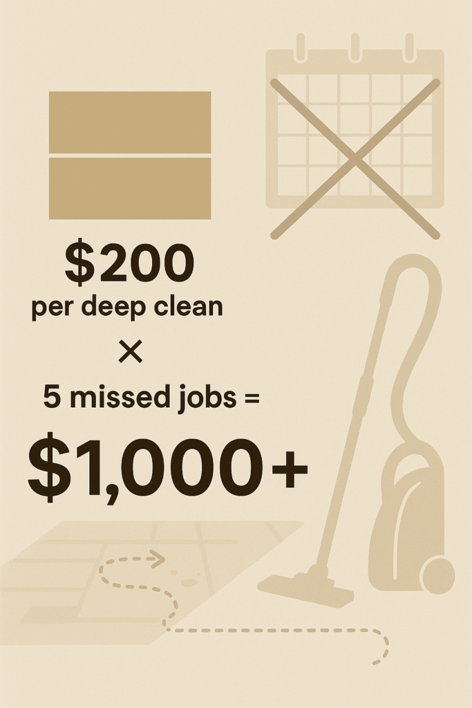 Simple infographic: $200 per deep clean × 5 missed jobs = $1,000+ lost revenue for cleaning businesses