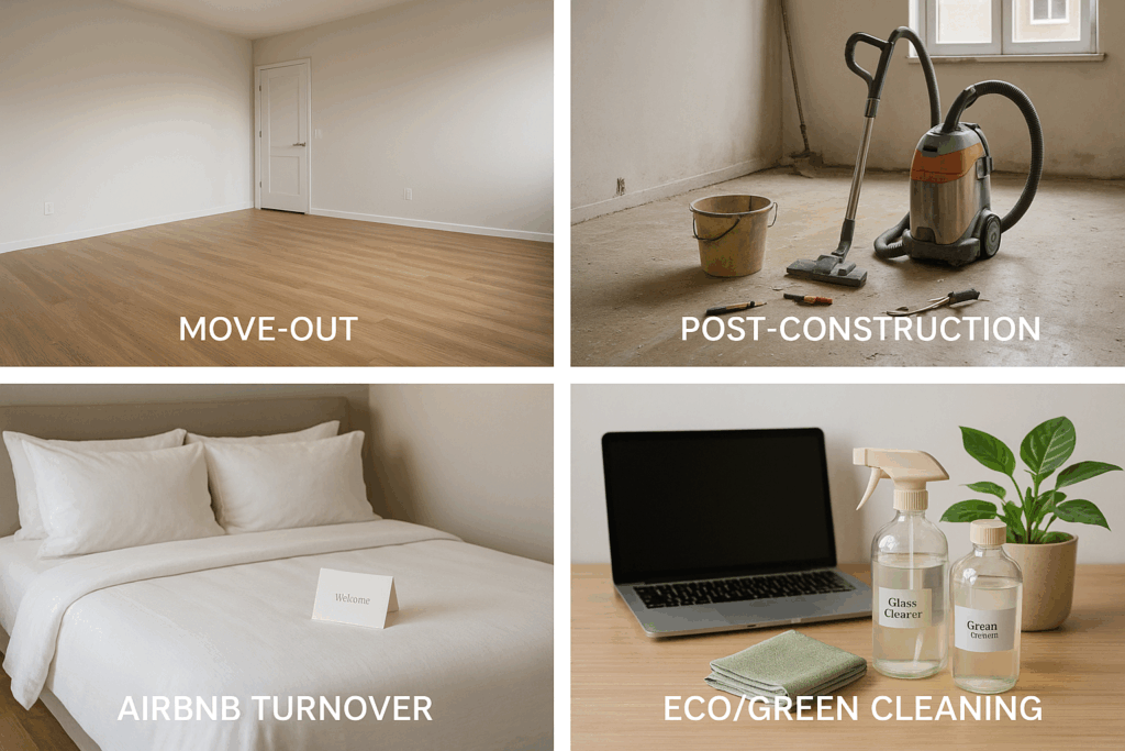 Collage of cleaning niches: move-out cleaning, post-construction cleanup, Airbnb turnover, eco-friendly supplies