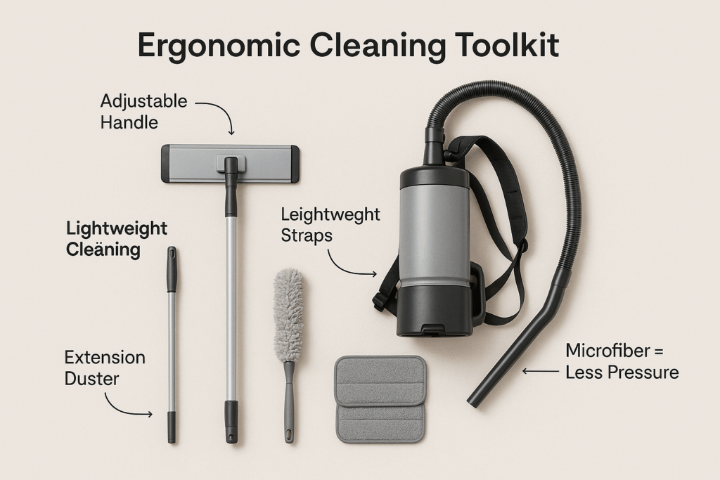 Ergonomic cleaning tools flat-lay with long-handle mop, backpack vacuum, extension duster, and microfiber pads to reduce strain