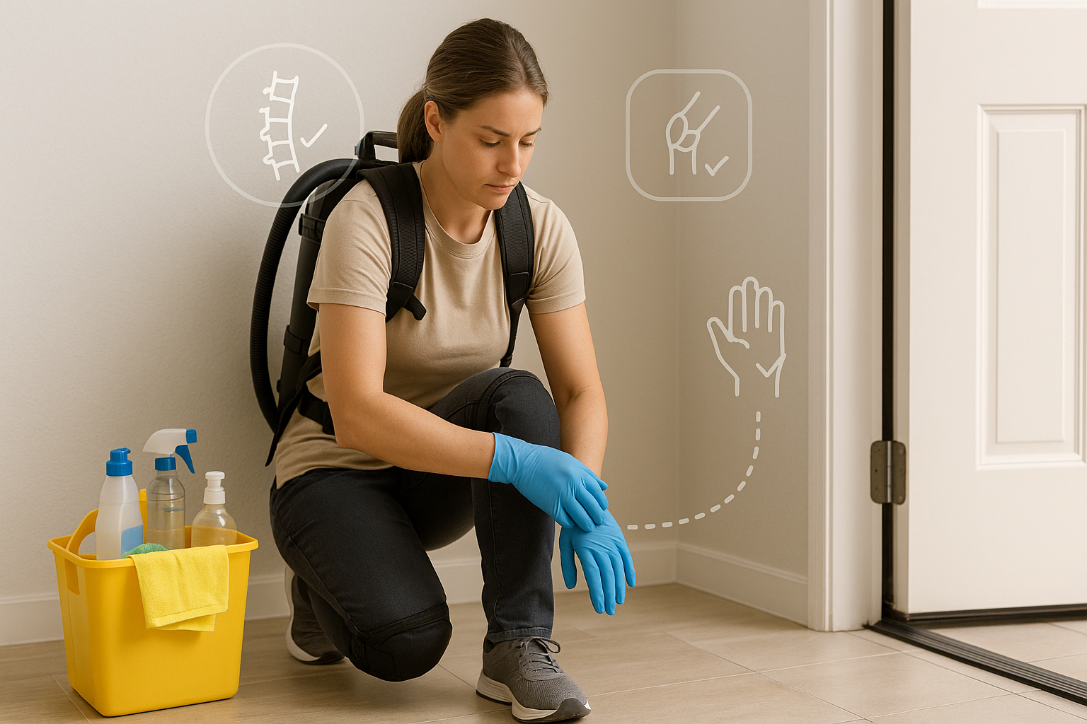Cleaner at entryway tightening nitrile gloves with knee pads on, backpack vacuum and grouped caddy beside them, highlighting safe pre-shift prep.