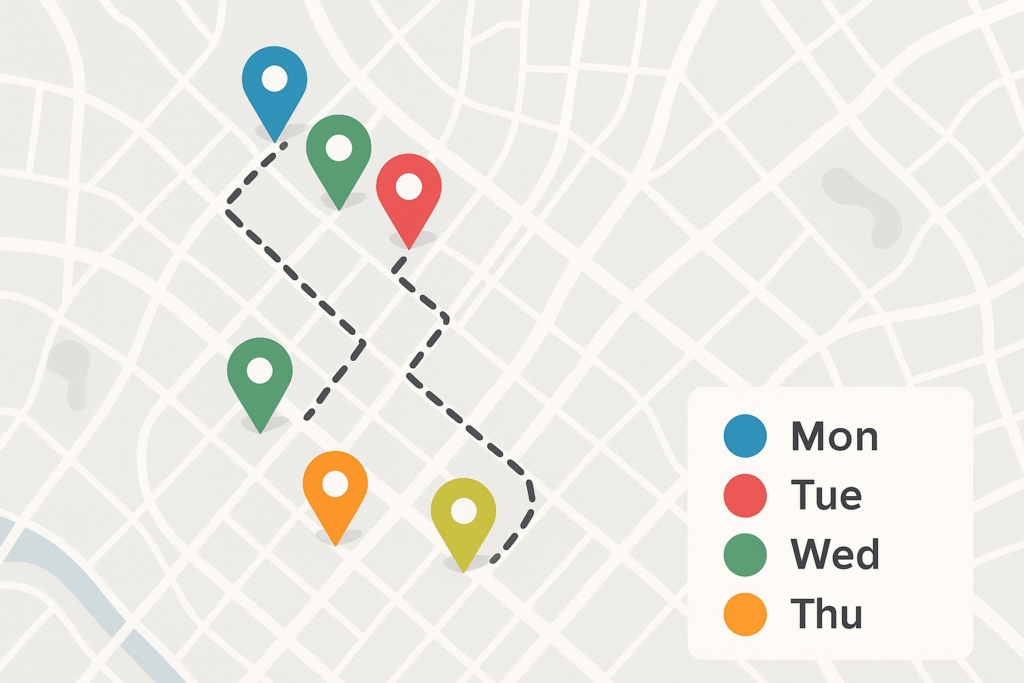 Simple city map with color-coded pins by day and a dashed route showing clustered, efficient scheduling.