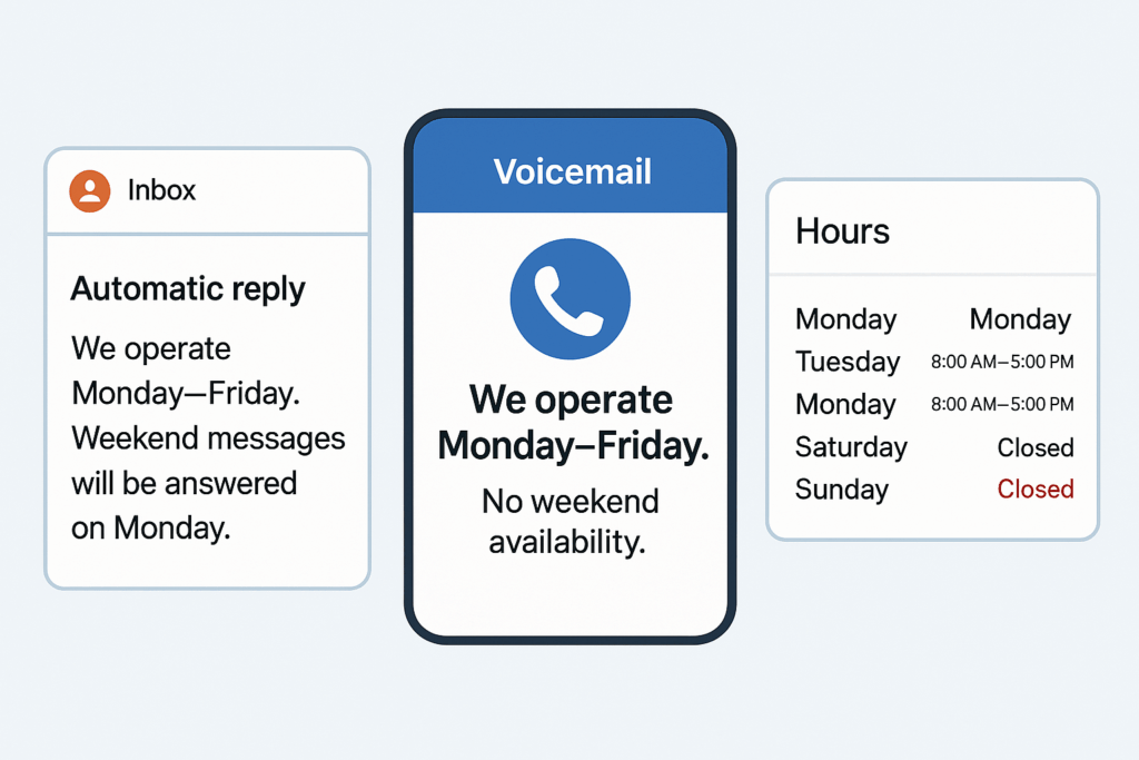 Email auto-reply, voicemail screen, and business hours card showing Monday–Friday availability and weekends closed.