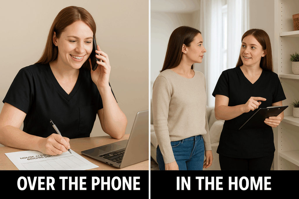 Professional cleaner giving a house cleaning estimate over the phone and during an in home walkthrough with a client.