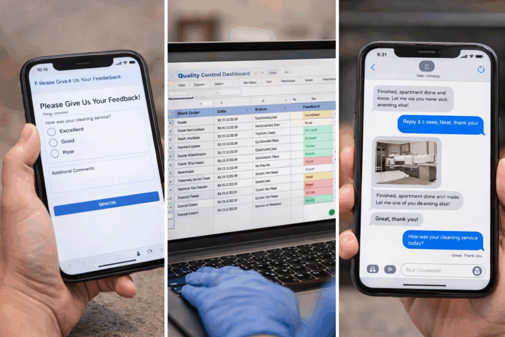 Cleaning service quality control process showing a client feedback form on mobile, a quality tracking dashboard, and customer satisfaction confirmation messages.