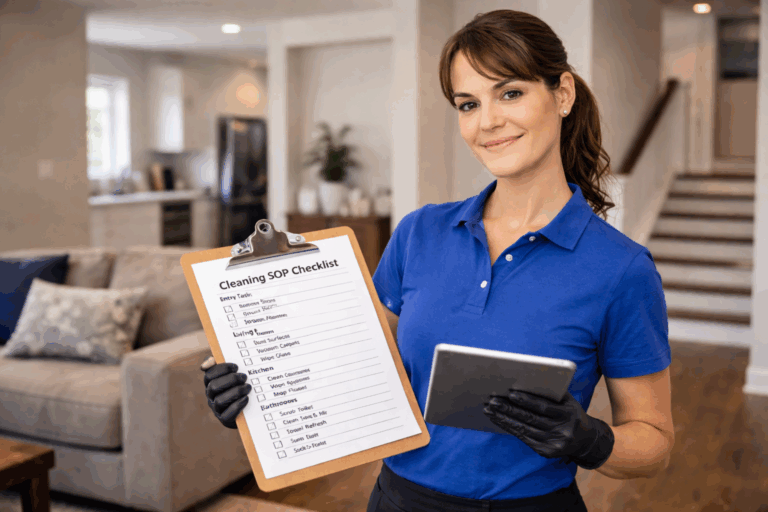 Professional house cleaner standing in a modern home holding a Cleaning SOP checklist and tablet, demonstrating a structured cleaning system and standardized procedures.