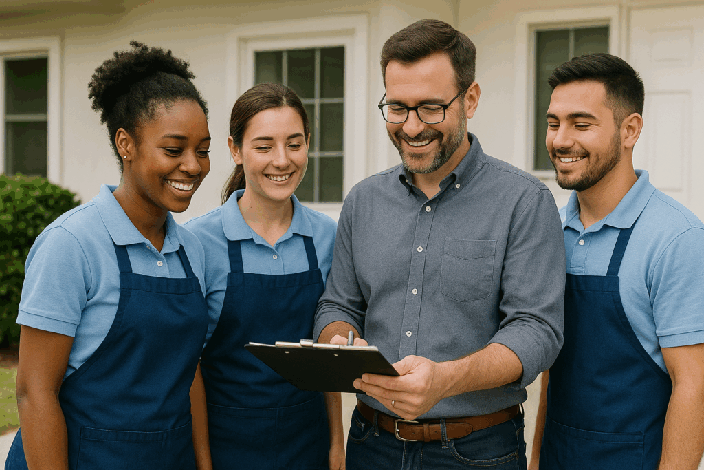Cleaning business owner standing with a small professional cleaning team after delegating jobs and stepping into a leadership role