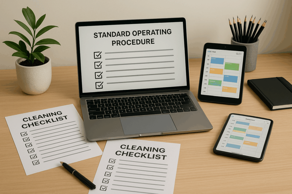 Cleaning business owner using digital scheduling tools and written SOP checklists to systemize operations